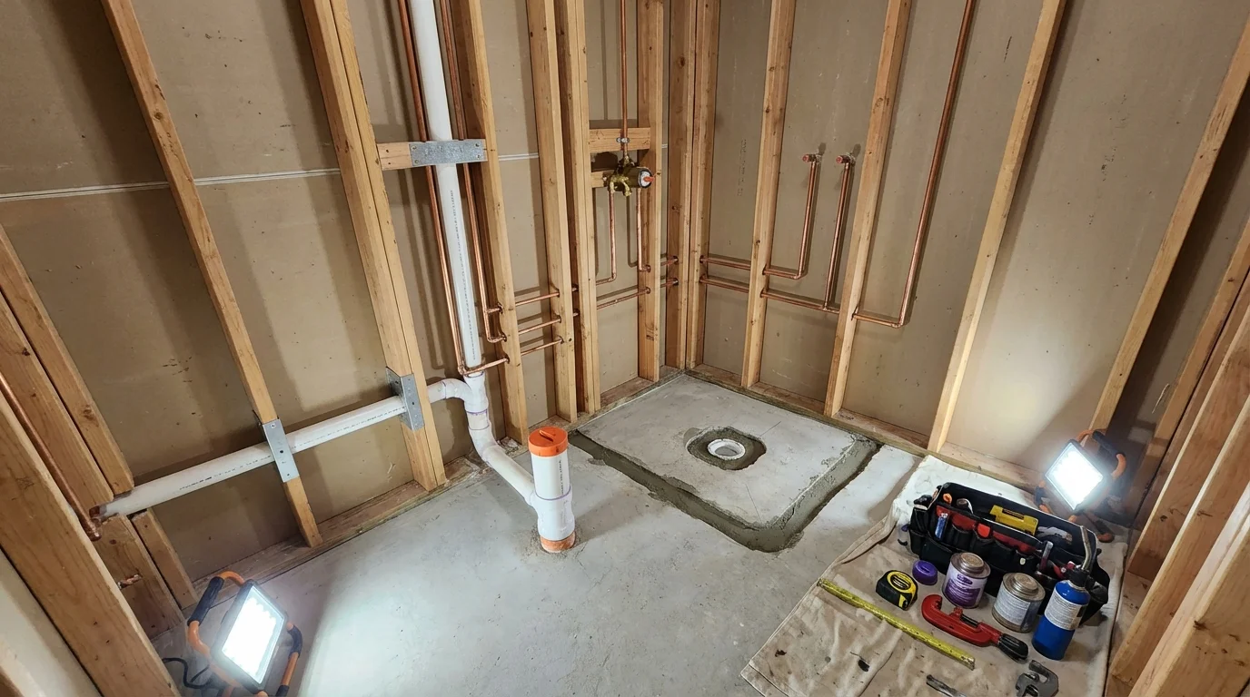 Bathroom rough-in plumbing during remodel by Johns Plumbing LLC in Lathrop