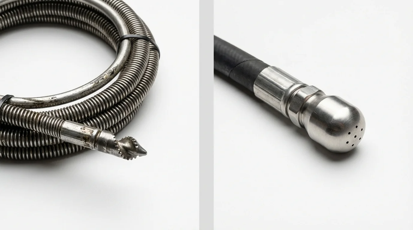 Drain snake cable and hydro jetting nozzle used for drain cleaning in Lathrop, CA