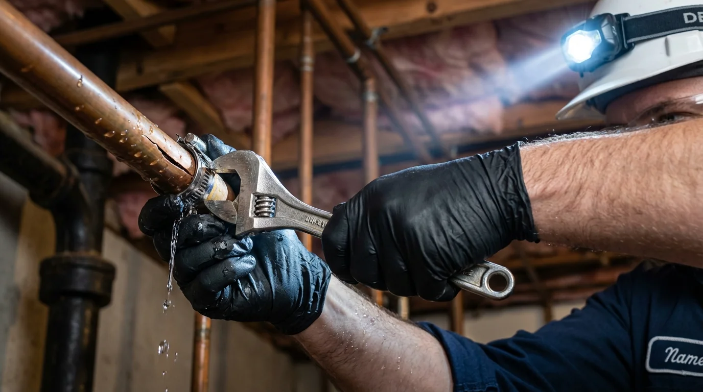 Emergency pipe clamp repair being performed by a Johns Plumbing LLC plumber in Lathrop