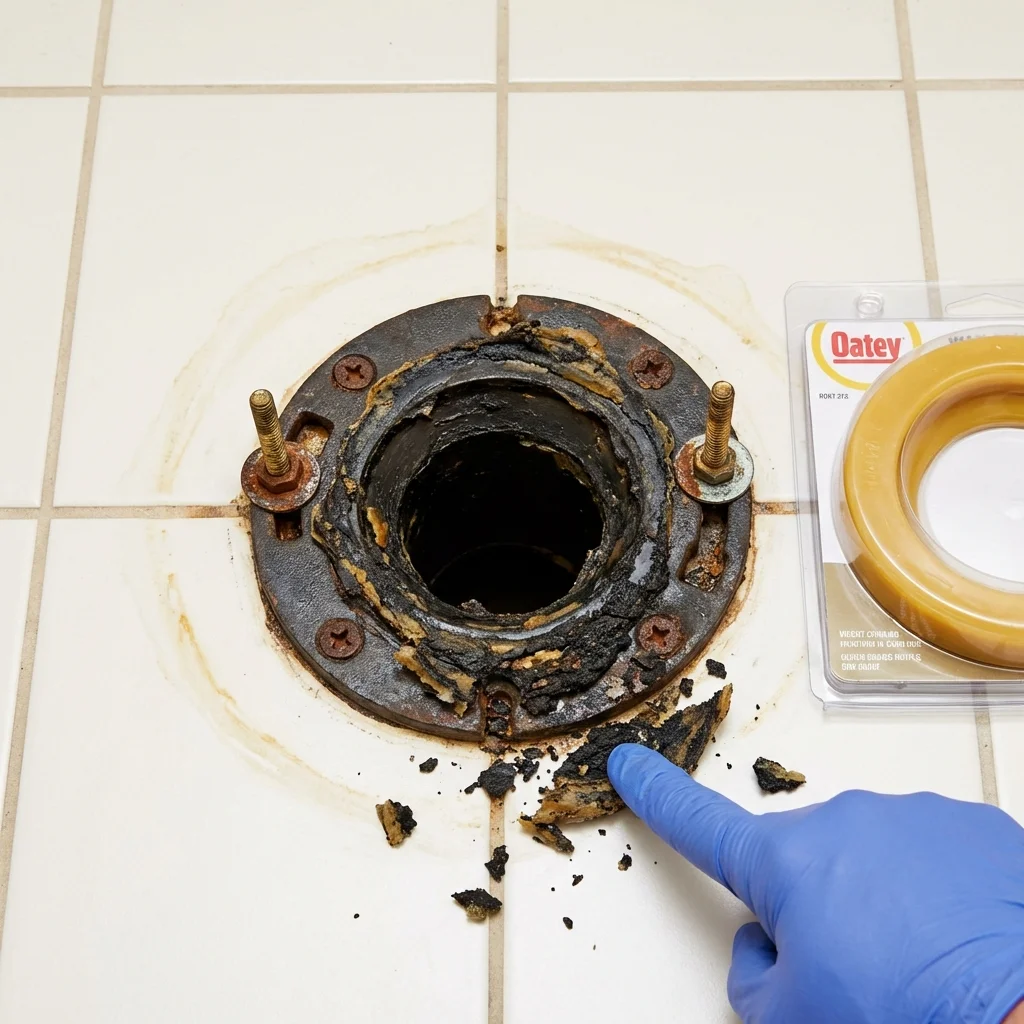Failed wax ring showing water seepage at the base of a toilet in a Lathrop, CA home